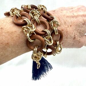 Vineyard Vines Bracelet Gold Brown Blue Tassel Toggle Clasp Triple Strand